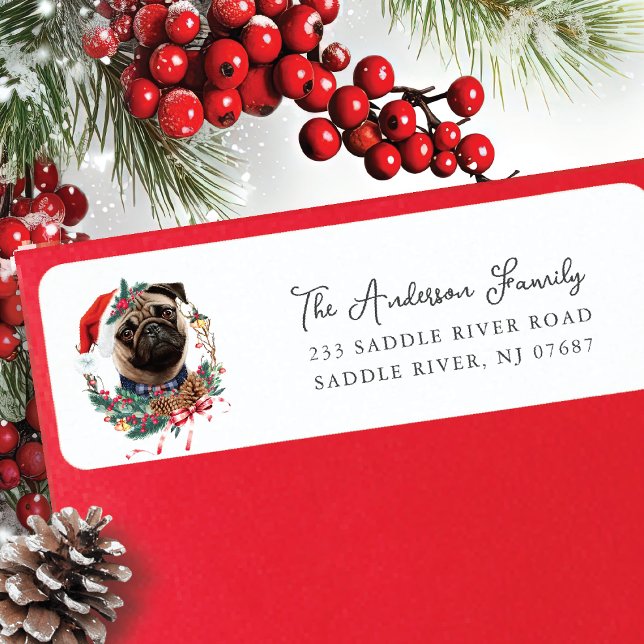 Festive Pug Hund i Santa Hat-Returadressen Returadress Etikett (Skapare uppladdad)