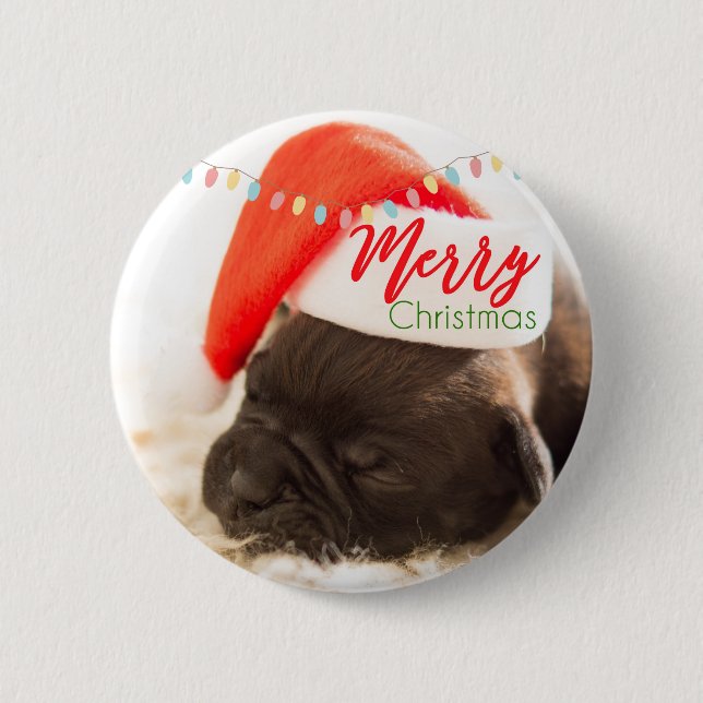 Festive Pug in Red Santa Hat med jul Ljus Knapp (Framsida)