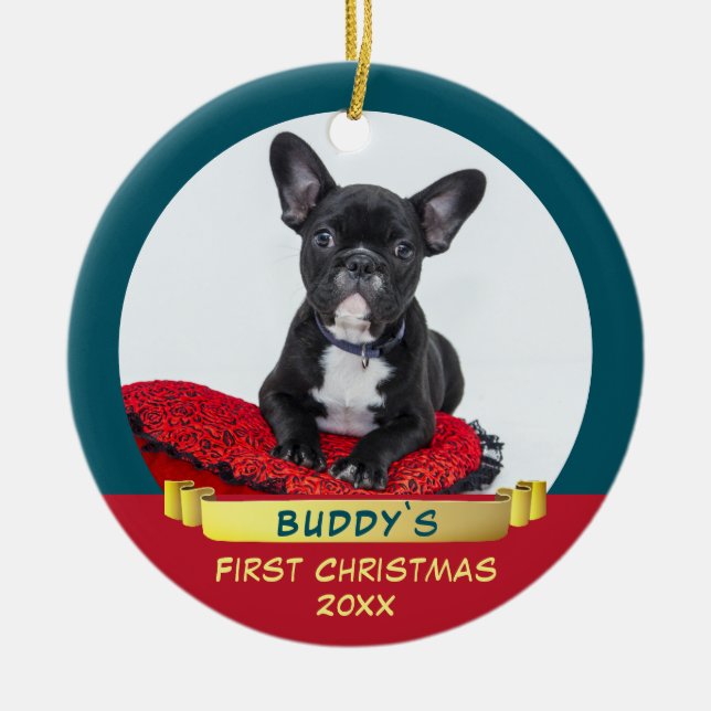 Festive Puppy 1:a julribbon Pet Photo Julgransprydnad Keramik (Framsidan)