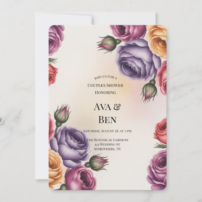 Festive Purple Orange and Red Roses Couples Shower Inbjudningar (Framsida)