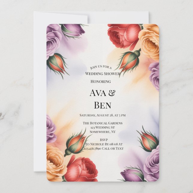 Festive Purple Orange and Red Roses Wedding Shower Inbjudningar (Framsida)