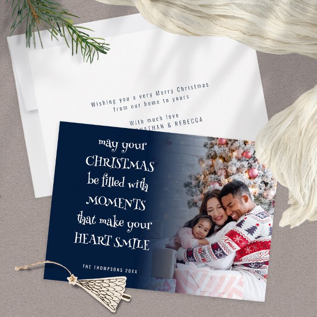 Festive Quote Photo Overlay Navy Blue Helg Vykort (Fromnt and Back View)