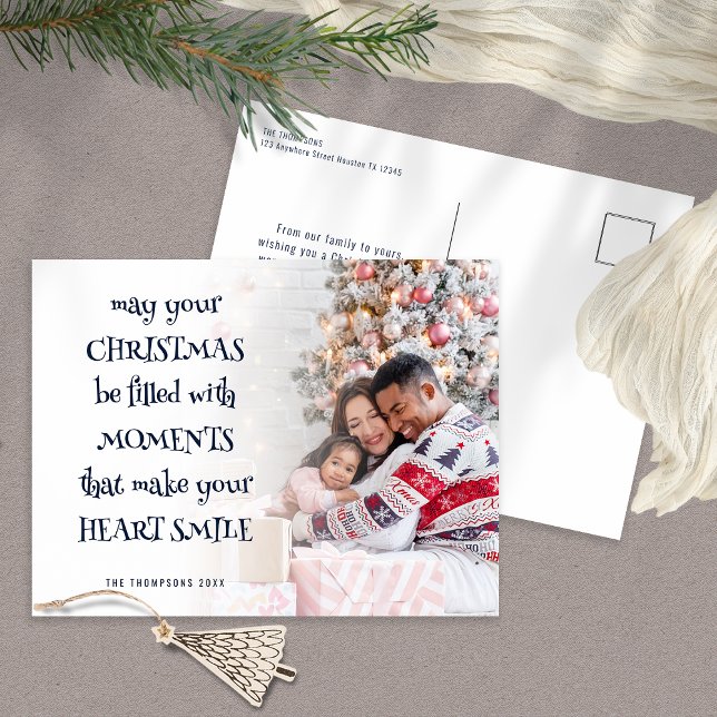 Festive Quote Photo Overlay Navy Blue White Helg Vykort (Front and Back View. )