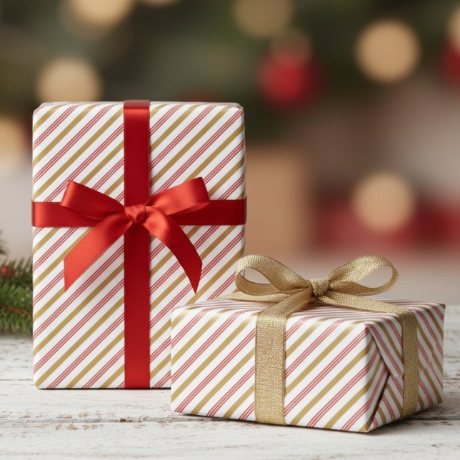 Festive Red and Gold Christmas Candy Cane Stripes  Presentpapper ( Modern Elegant Red and Gold Chic Christmas Wrapping Paper. Trendy Candy Cane Striped Xmas Pattern)