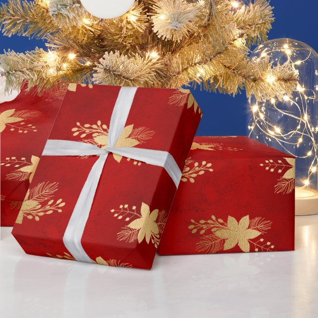 Festive Red and Gold Foil Winter Poinsettia Presentpapper (Helgdagar)