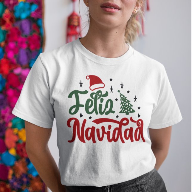 Festive Red and Grönt Feliz Navidad T Shirt (Red and Green Feliz Navidad Holiday T-shirt)