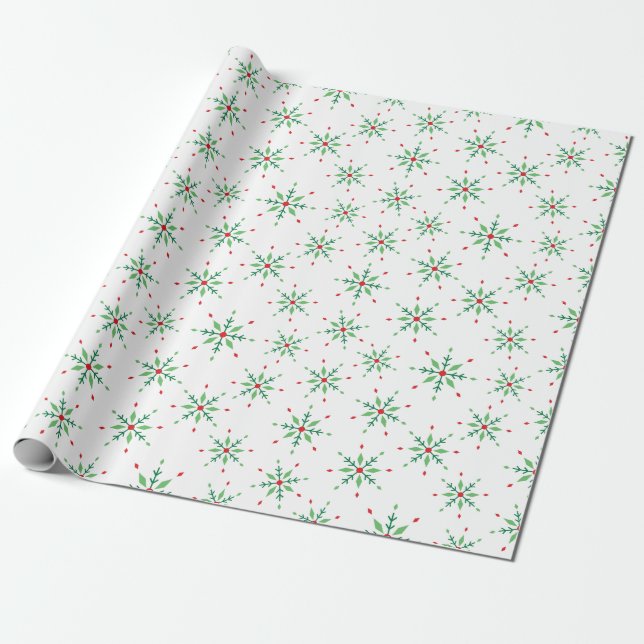 Festive Red and Grönt Snowflake White Seamless Presentpapper (Utrullad)