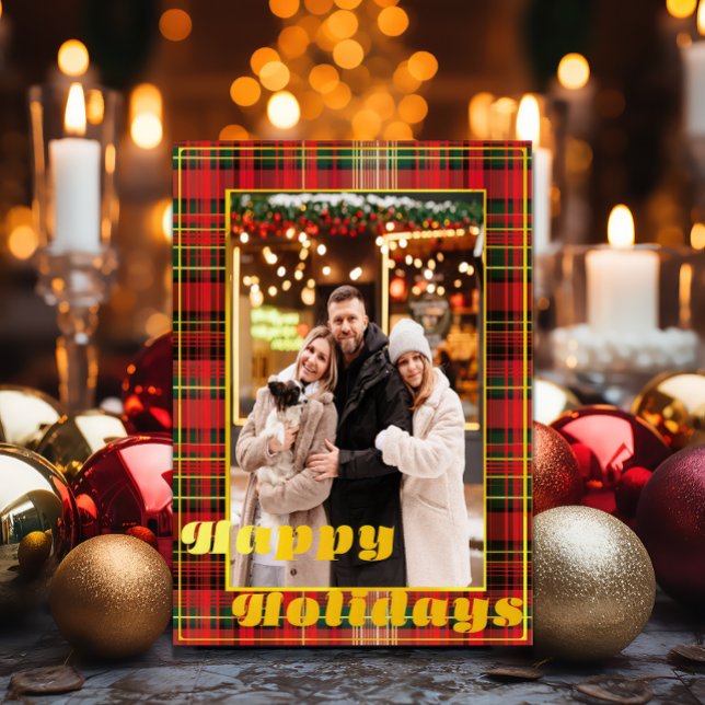 Festive Red and Grönt Tartan 'Glad helg Julkort ('Happy Holidays' Red and Green Tartan Plaid Christmas Photo Holiday Greeting Card)