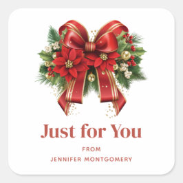 Festive Red and Guld jul Bow Fyrkantigt Klistermärke