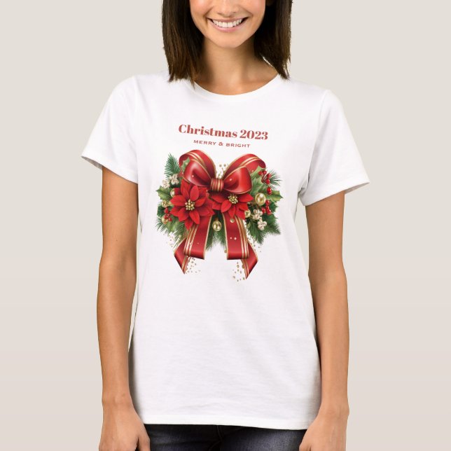 Festive Red and Guld jul Bow T Shirt (Framsida)