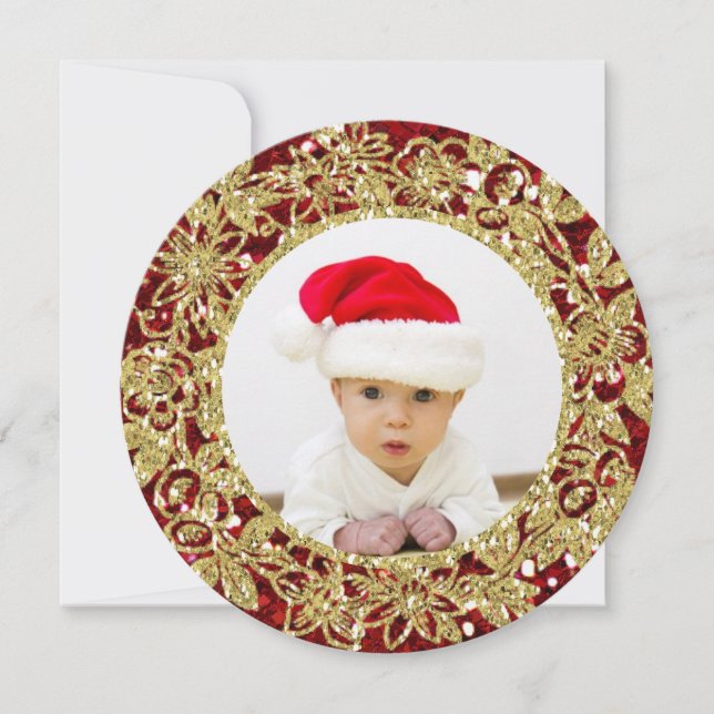 Festive Red and Guld Photo Round Helgdag Card Julkort (Framsida)