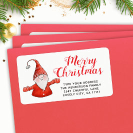 Festive Red and White Cute Gnome God jul Adressetikett