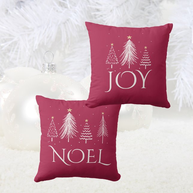 Festive Red and White Julgranar JOY NOEL Kudde (Festive Red and White Christmas Trees JOY NOEL Throw Pillow)