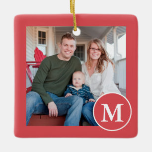 Festive Red and White Monogram Photo Julgransprydnad Keramik