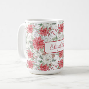 Festive Red and White Poinsettias Monogrammed Kaffemugg
