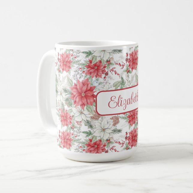 Festive Red and White Poinsettias Monogrammed Kaffemugg (Framsida vänster)