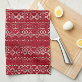 Festive Red and White Scandinavian Sticka Mönster Kökshandduk