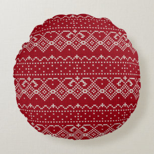 Festive Red and White Scandinavian Sticka Mönster Rund Kudde