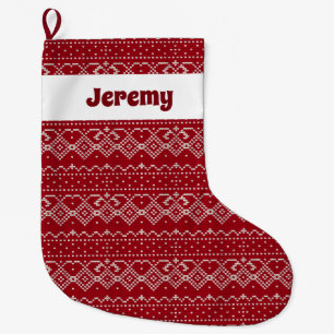 Festive Red and White Scandinavian Sticka Mönster Stor Julstrumpa