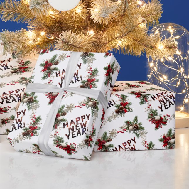  Festive Red Berries Happy New Year Pattern Presentpapper (Helgdagar)