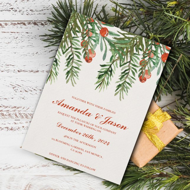 Festive Red Berries julbröllopsinbjudan (Festive Red Berries Christmas wedding Invitation)