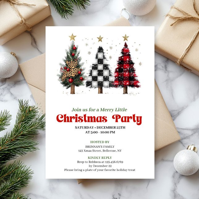 Festive red black buffalo Christmas tree invites Inbjudningar (Festive red black buffalo Christmas tree invitation)