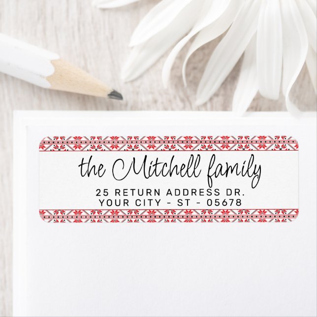 Festive Red Black Classidic Fair Isle Motif Returadress Etikett (Insitu)