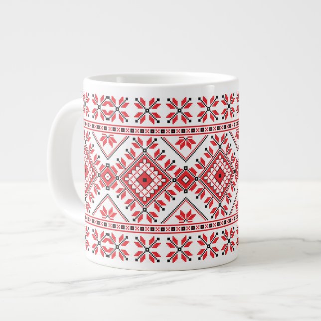 Festive Red Black Fair Isle Snowflake Art Motif Jumbo Mugg (Framsida vänster)