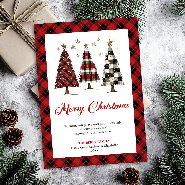 Festive Red Black Plaid Christmas Tree Watercolor Julkort (Festive Red Black Plaid Christmas Tree Watercolor)