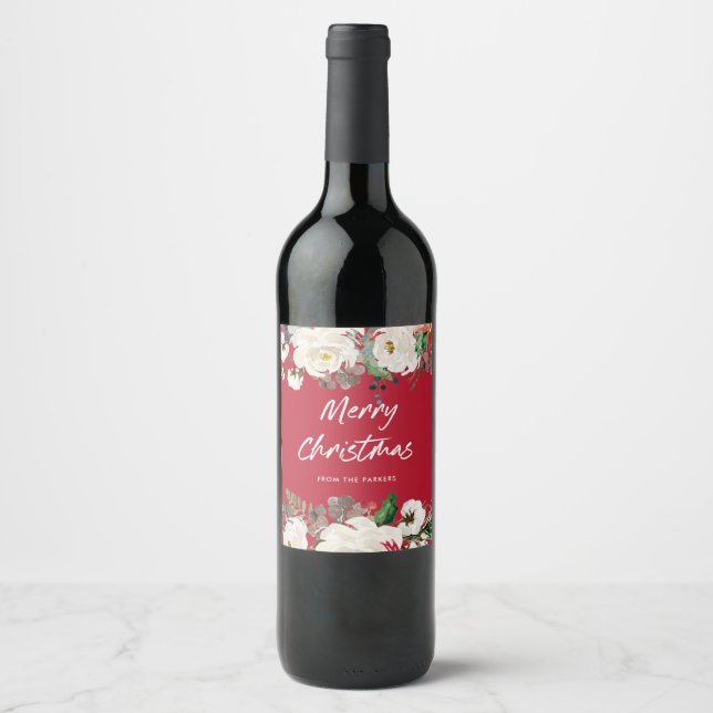 Festive Red Blommigt | GOD JUL Vinflaska Etikett (Framsida)