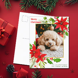 Festive Red Blommigt Hund Photo jul Poinsettia Helg Vykort