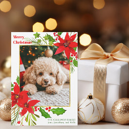 Festive Red Blommigt Hund Photo jul Poinsettia Julkort