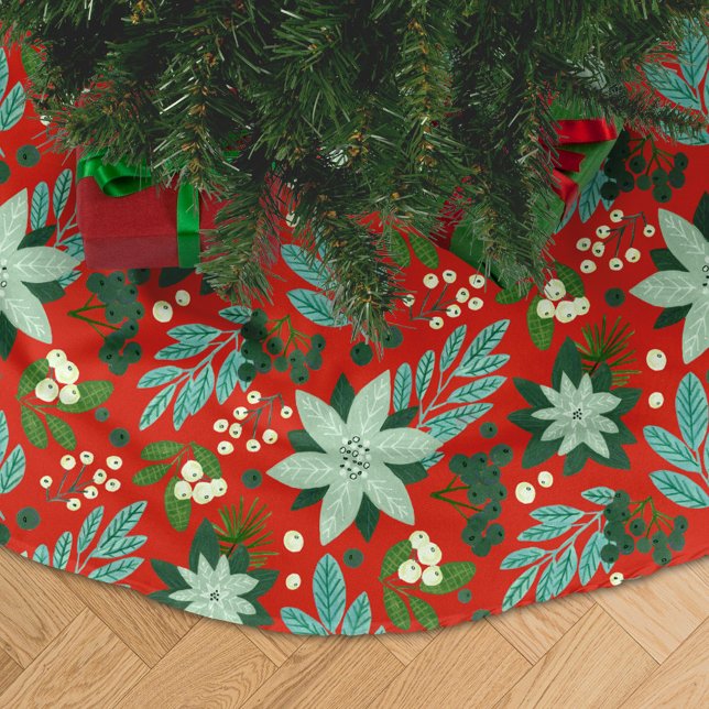 Festive Red Blommigt jul Mönster Julgransmatta Borstad Polyester (Festive Red Floral Christmas Pattern Brushed Polyester Tree Skirt)