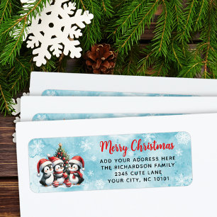 Festive Red Blue God jul Cute Penguins Returadress Etikett