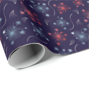 Festive Red-, Blue- och Silver-fyrverkeridesign Presentpapper