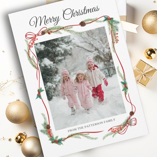 Festive Red Bow Gräns -1 Photo White jul Ho Julkort (Festive Red Bow Border -1 Photo White Christmas Holiday Card)