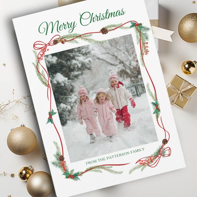 Festive Red Bow Gräns -1 Photo White jul Julkort (Festive Red Bow Border -1 Photo White Christmas Holiday Card)