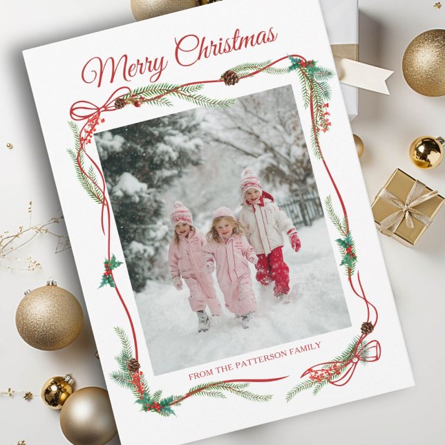 Festive Red Bow Gräns -1 Photo White jul Julkort (Festive Red Bow Border -1 Photo White Christmas Holiday Card)