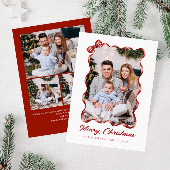 Festive Red Bow Ribbon Julfoto Julkort (Skapare uppladdad)
