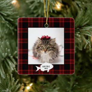 Festive Red Buffalo Play Cat Namn jul Julgransprydnad Keramik
