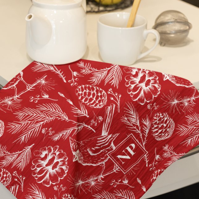 Festive Red Cardinal Bird, Gräs och Winter Berries Kökshandduk (Winter Red Cardinal Bird Pattern Christmas Kitchen Towel. Cardinal Bird, Pine Branches & Pinecones)