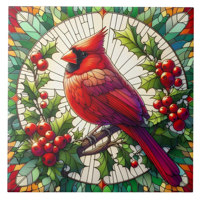 Festive Red Cardinal Stached Glass Art Kakelplatta (Framsidan)