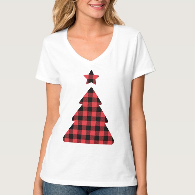 Festive Red Check Julgran Helgdag T-Shirt (Framsida)