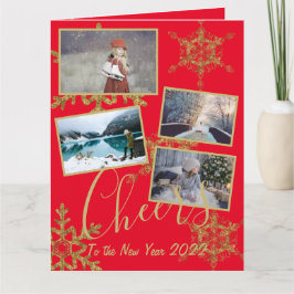 Festive Red Cheers nyår Guld Snowflake Photo Kort