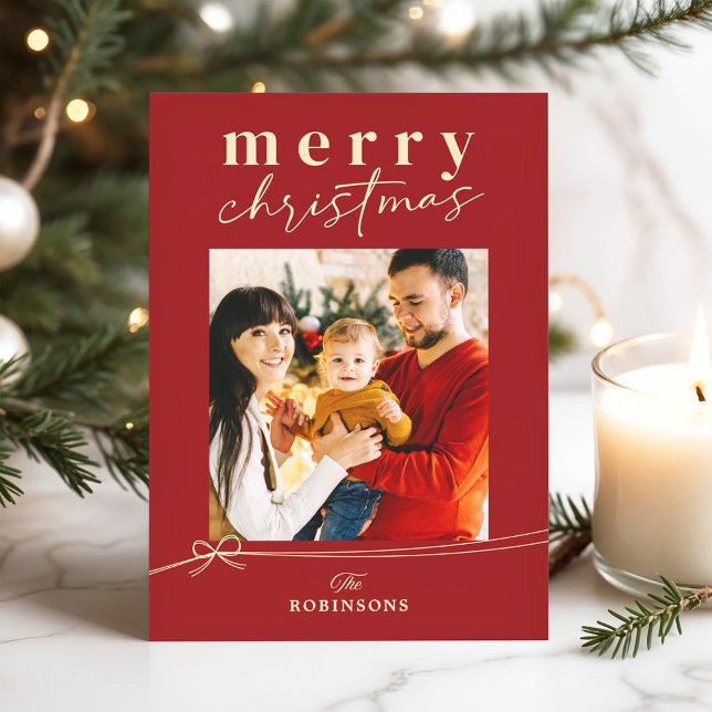 Festive Red Coquette Bow Merry Christmas Photo Julkort (Skapare uppladdad)