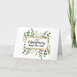 Festive Red Elegant Script Guld Foliage Greenery Helgkort
