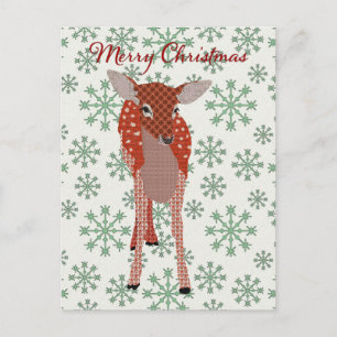 Festive Red Fawn Grönt Snowflake Postcard Christm Vykort