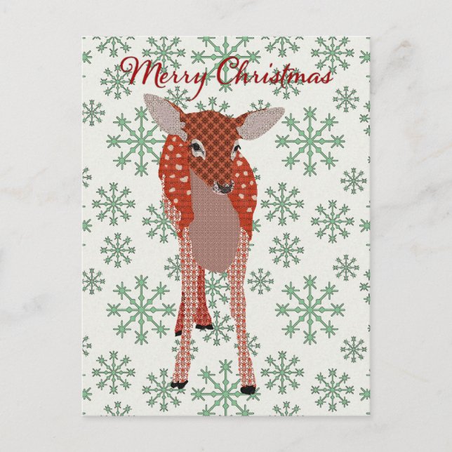 Festive Red Fawn Grönt Snowflake Postcard Christm Vykort (Framsida)