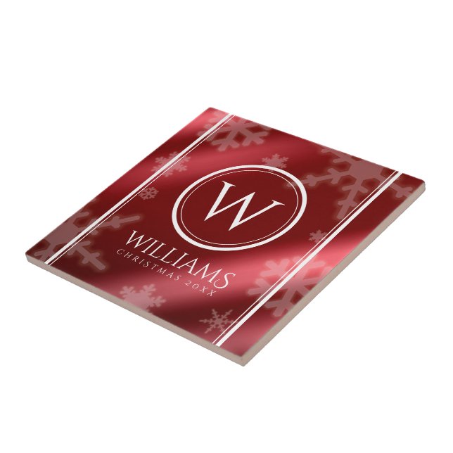 Festive Red Foil Snöflingor Monogram Namn Kakelplatta (Sidan)