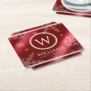 Festive Red Foil Snöflingor Monogram Namn Underlägg Papper